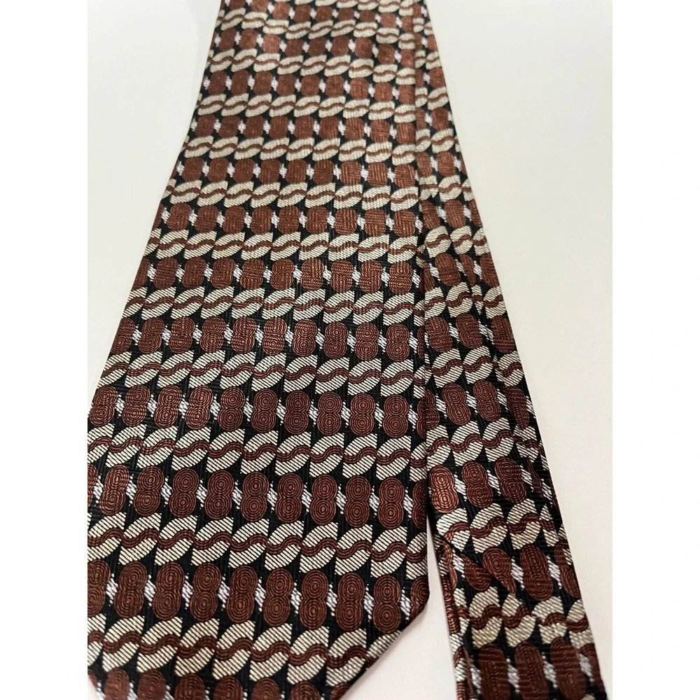 Mens Tie Necktie Bill Robin Son‎ Short Silk Brown Ivory Black Geometric Print